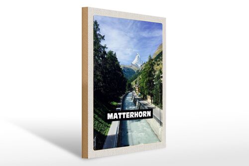 Holzschild Reise 30x40cm Matterhorn Schweiz Fluss Berg Stadt