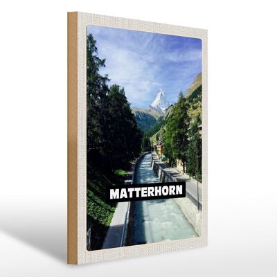 Holzschild Reise 30x40cm Matterhorn Schweiz Fluss Berg Stadt