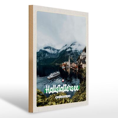 Cartel de madera viaje 30x40cm Lago Hallstatt montañas barco barco montaña