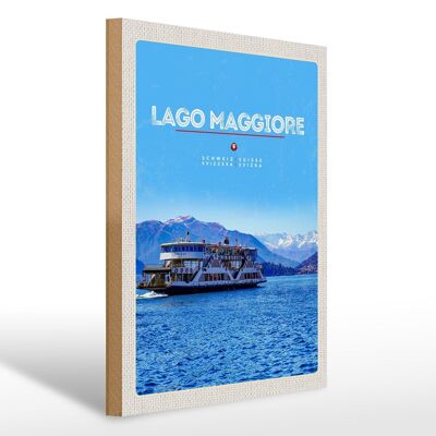 Holzschild Reise 30x40cm Lago Maggiore Schiff See Berge Natur