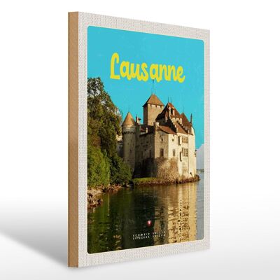Panneau en bois voyage 30x40cm Château de Lausanne Lac Suisse destination de voyage