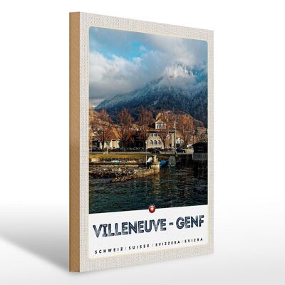 Cartello in legno da viaggio 30x40 cm Villeneuve-Ginevra Svizzera escursionismo nelle foreste