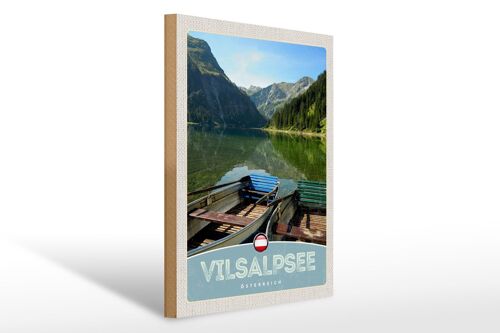 Holzschild Reise 30x40cm Vilsalpsee Österreich Wälder Boot