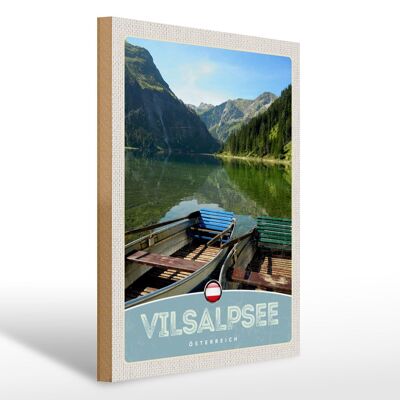 Holzschild Reise 30x40cm Vilsalpsee Österreich Wälder Boot