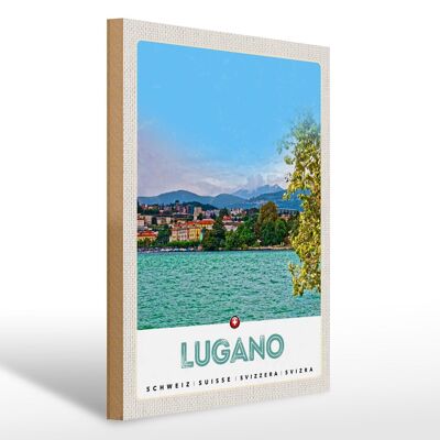Panneau en bois voyage 30x40cm Lugano Suisse vue lac ville