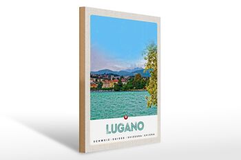 Panneau en bois voyage 30x40cm Lugano Suisse vue lac ville 1