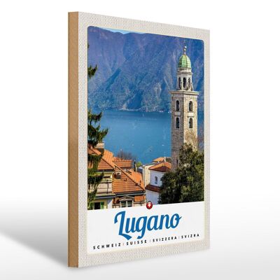 Cartello in legno da viaggio 30x40cm Lugano Svizzera lago chiesa montagne