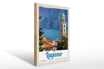 Panneau en bois voyage 30x40cm Lugano Suisse lac église montagnes 1