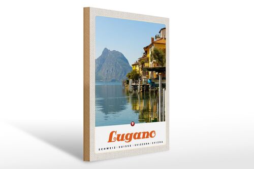 Holzschild Reise 30x40cm Lugano Schweiz See Ausblick auf Berg