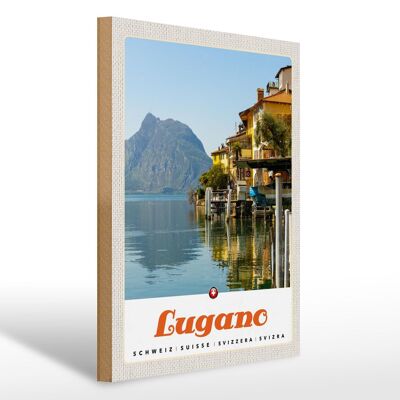 Cartello da viaggio in legno 30x40 cm Lugano Svizzera vista lago montagna