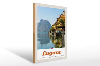 Panneau en bois voyage 30x40cm Lugano Suisse vue lac montagne 1