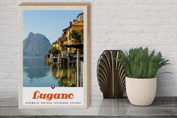 Panneau en bois voyage 30x40cm Lugano Suisse vue lac montagne 3