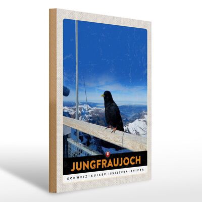 Holzschild Reise 30x40cm Jungfraujoch Schweiz Rabe Winter Natur