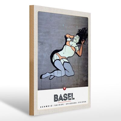 Cartel de madera viaje 30x40cm Basilea Suiza mujer desnuda graffiti