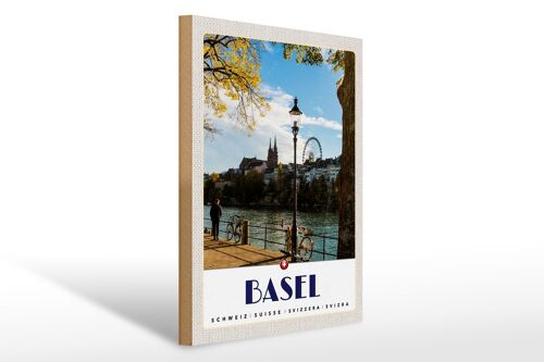 Holzschild Reise 30x40cm Basel Schweiz Fluss Riesenrad Natur