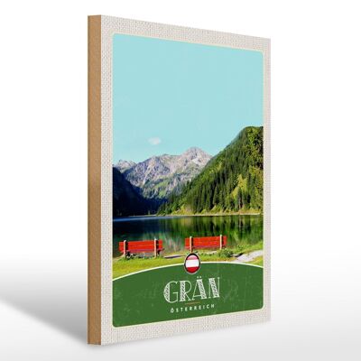 Cartel de madera viaje 30x40cm Grän Austria banco rojo bosques naturaleza