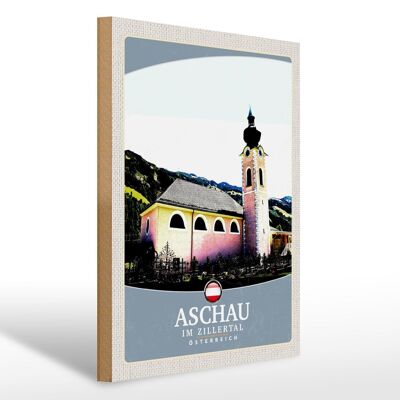 Cartel de madera viaje 30x40cm Iglesia de Aschau im Zillertal Austria