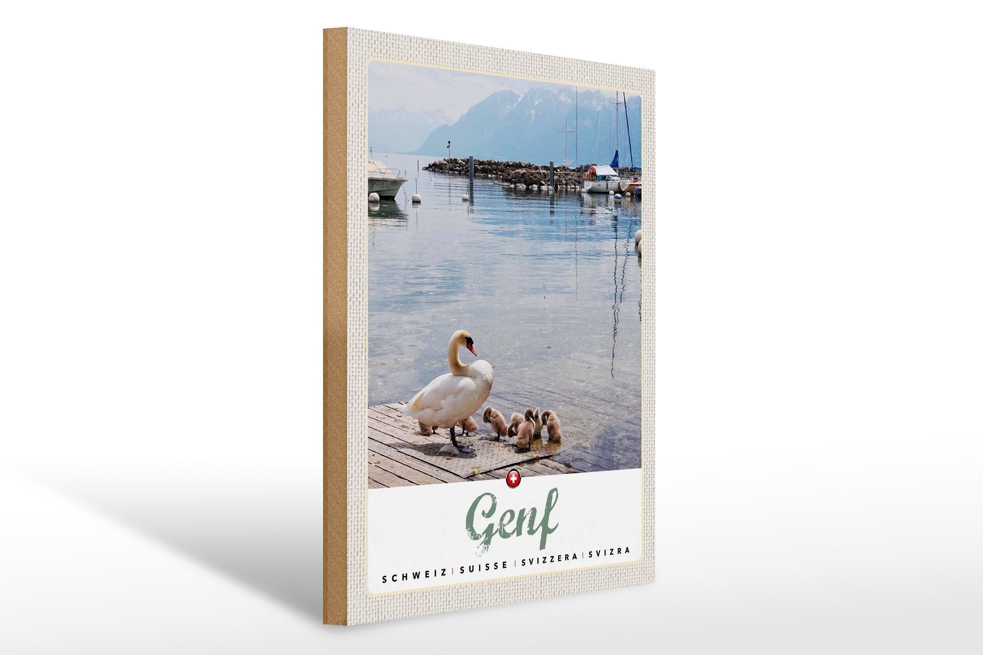Cartello in legno da viaggio 30x40 cm Famiglia di cigni di Ginevra al lago