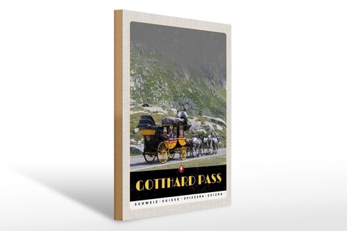 Holzschild Reise 30x40cm Gotthard Pass Schweiz Pferdekutsche