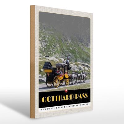 Holzschild Reise 30x40cm Gotthard Pass Schweiz Pferdekutsche