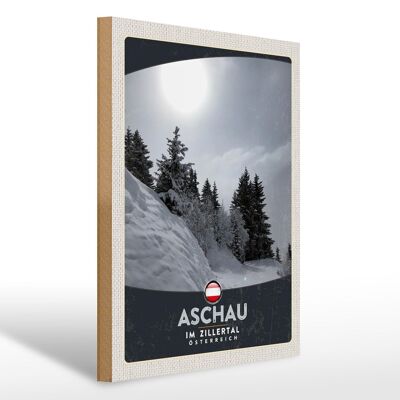 Cartello in legno da viaggio 30x40 cm Aschau im Zillertal Austria neve