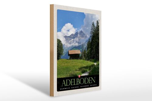 Holzschild Reise 30x40cm Adelboden Schweiz Wälder Häuschen