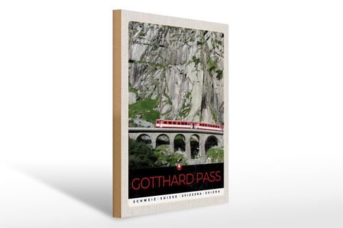 Holzschild Reise 30x40cm Gotthard Pass Schweiz rote Lokomotive