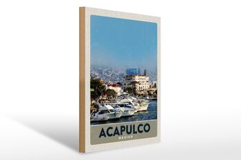 Panneau en bois voyage 30x40cm Acapulco Mexique Yacht Montagnes Mer 1