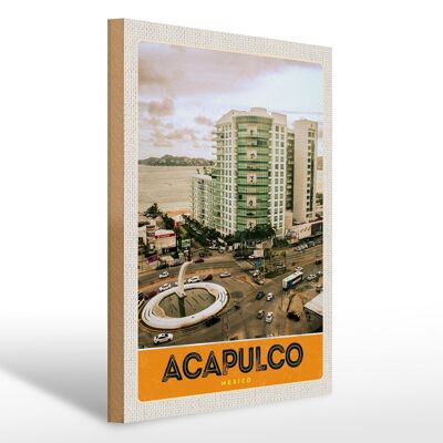 Cartel de madera viaje 30x40cm Acapulco México centro rascacielos