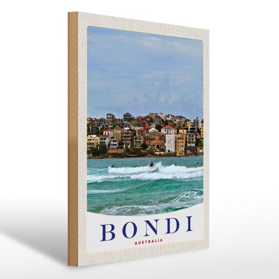 Cartel de madera viaje 30x40cm Bondi Australia surfeando olas del mar