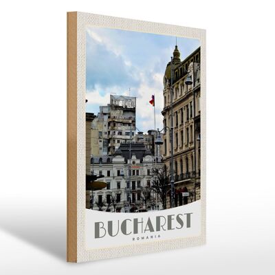 Cartel de madera viaje 30x40cm Bucarest Rumania capital vacaciones