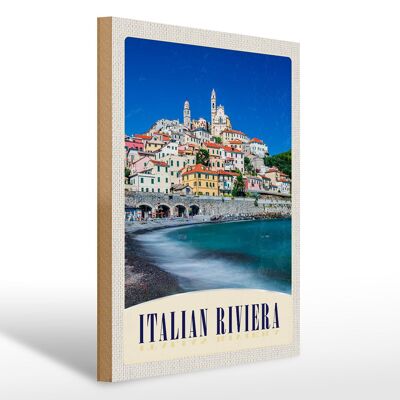 Holzschild Reise 30x40cm Italien Riviera Stadt Strand Wellen