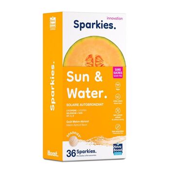 SUN & WATER. Solaire Autobronzant. Goût Melon-Abricot. Complément alimentaire à boire triple action : Supplémentation + Aromatisation de l’eau + Hydratation 2