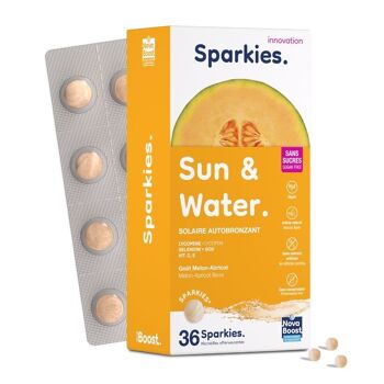 SUN & WATER. Solaire Autobronzant. Goût Melon-Abricot. Complément alimentaire à boire triple action : Supplémentation + Aromatisation de l’eau + Hydratation 3