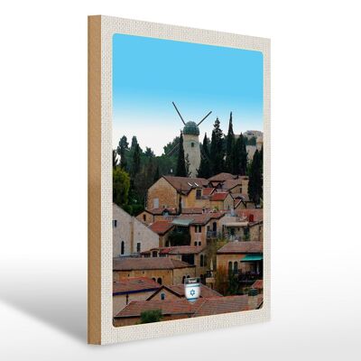 Cartel de madera viaje 30x40cm Israel ciudad molino de viento naturaleza