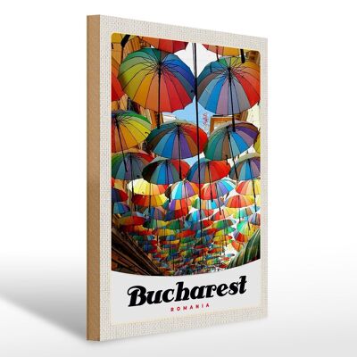 Cartel de madera de viaje 30x40cm Bucarest Rumania paraguas colorido
