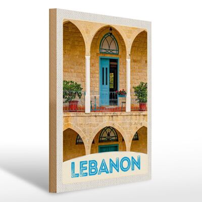 Cartello in legno da viaggio 30x40 cm Libano edificio porta blu vacanza