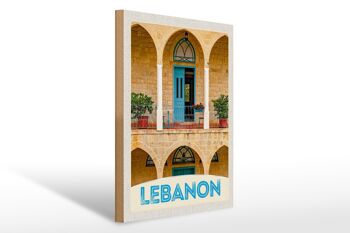Panneau en bois voyage 30x40cm Liban bâtiment porte bleue vacances 1