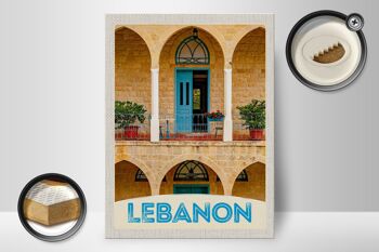 Panneau en bois voyage 30x40cm Liban bâtiment porte bleue vacances 2