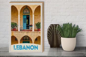 Panneau en bois voyage 30x40cm Liban bâtiment porte bleue vacances 3