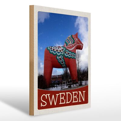 Cartel de madera viaje 30x40cm Suecia escultura caballo rojo
