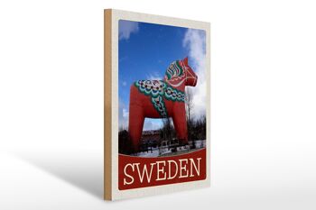 Panneau en bois voyage 30x40cm sculpture cheval rouge Suède 1