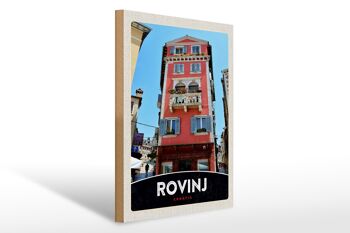 Panneau en bois voyage 30x40cm Rovinj Croatie maison fleurs rouges 1