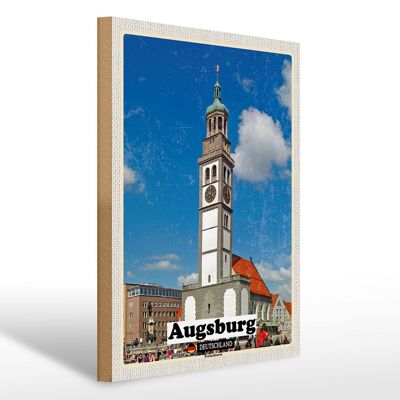 Cartello in legno città Augsburg Germania Perlachturm 30x40cm