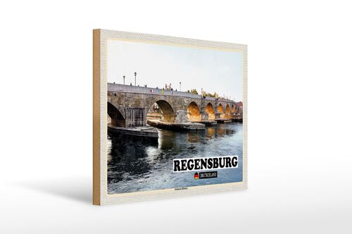 Holzschild Städte Regensburg Steinerne Brücke Fluss 40x30cm