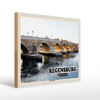 Holzschild Städte Regensburg Steinerne Brücke Fluss 40x30cm