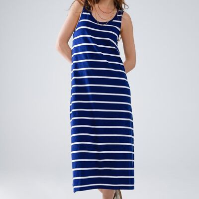 Tank maxi Dress With Scoop Neck In Navy With White Stripes