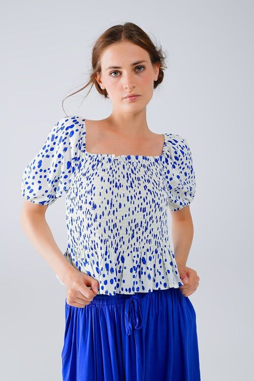 Peplum Shirred White Blouse With Blue Polka Dots