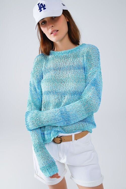 Open Knit Stripey Crew Neck Sweater in Shades of Blue