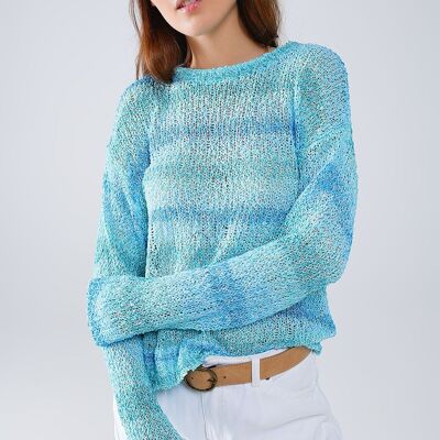Open Knit Stripey Crew Neck Sweater in Shades of Blue